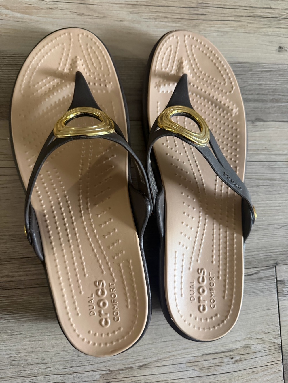 CROCS Women's Brown and Tan Thong Sandals with Gold Accent